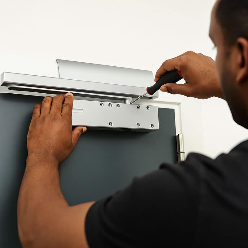 En tekniker med t-shirt installerer en automatisk dørlukker (ABDL) på en branddør i et hvidt kontormiljø. Fotoet illustrerer professionel installation af brandsikringsudstyr i høj kvalitet.